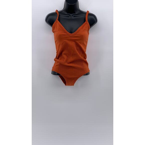 ANTHROPOLOGIE Women's Dark Orange Rib Stretch V-Neck One-Piece Bodysuit SZ XS/S - Picture 1 of 10